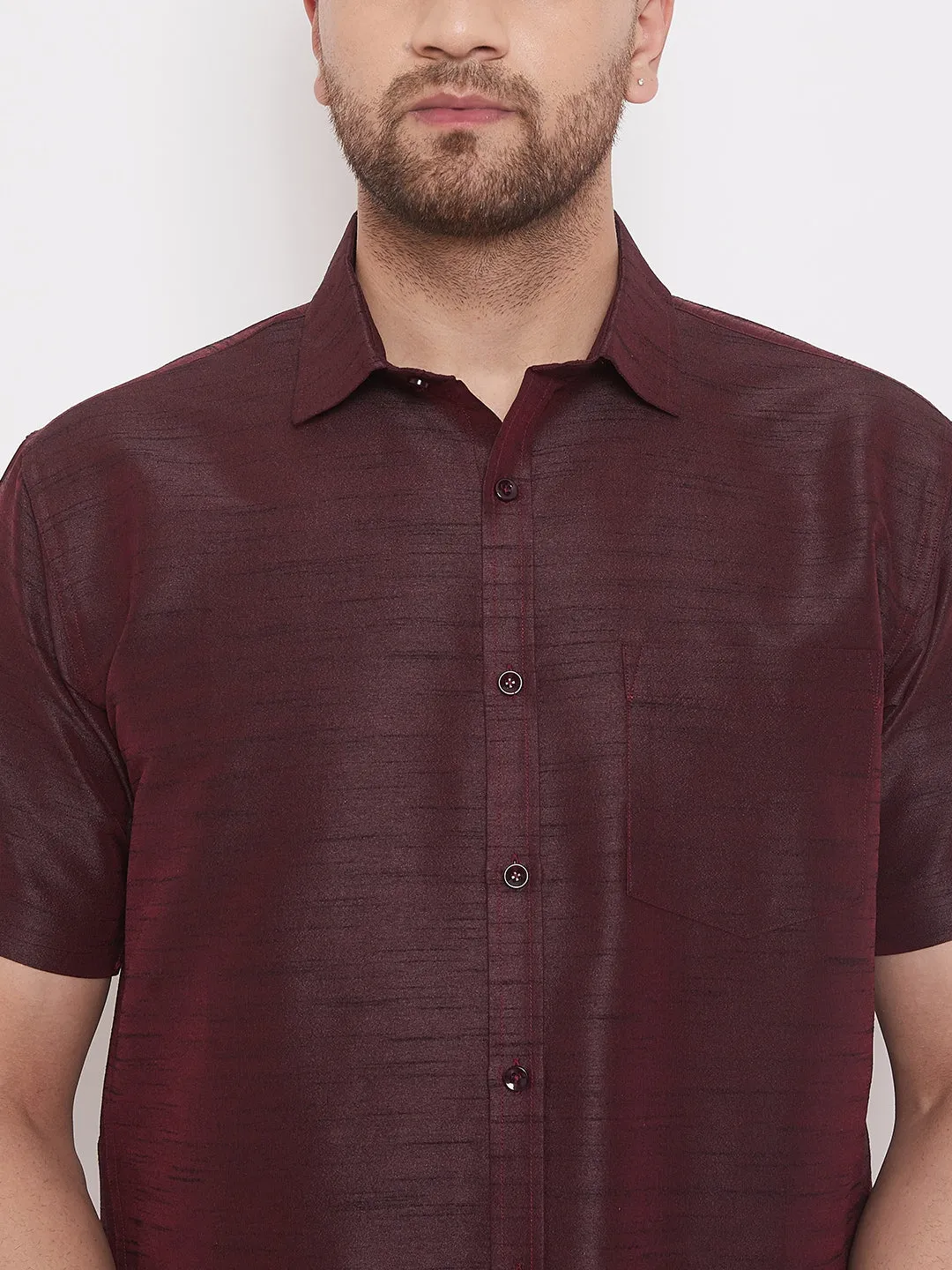 VASTRAMAY Men's Wine Silk Blend Ethnic Shirt