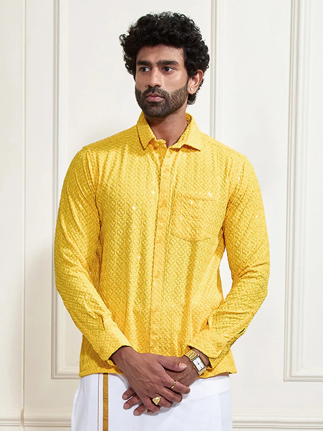 VASTRAMAY Men's Yellow Rayon Embellished Shirt