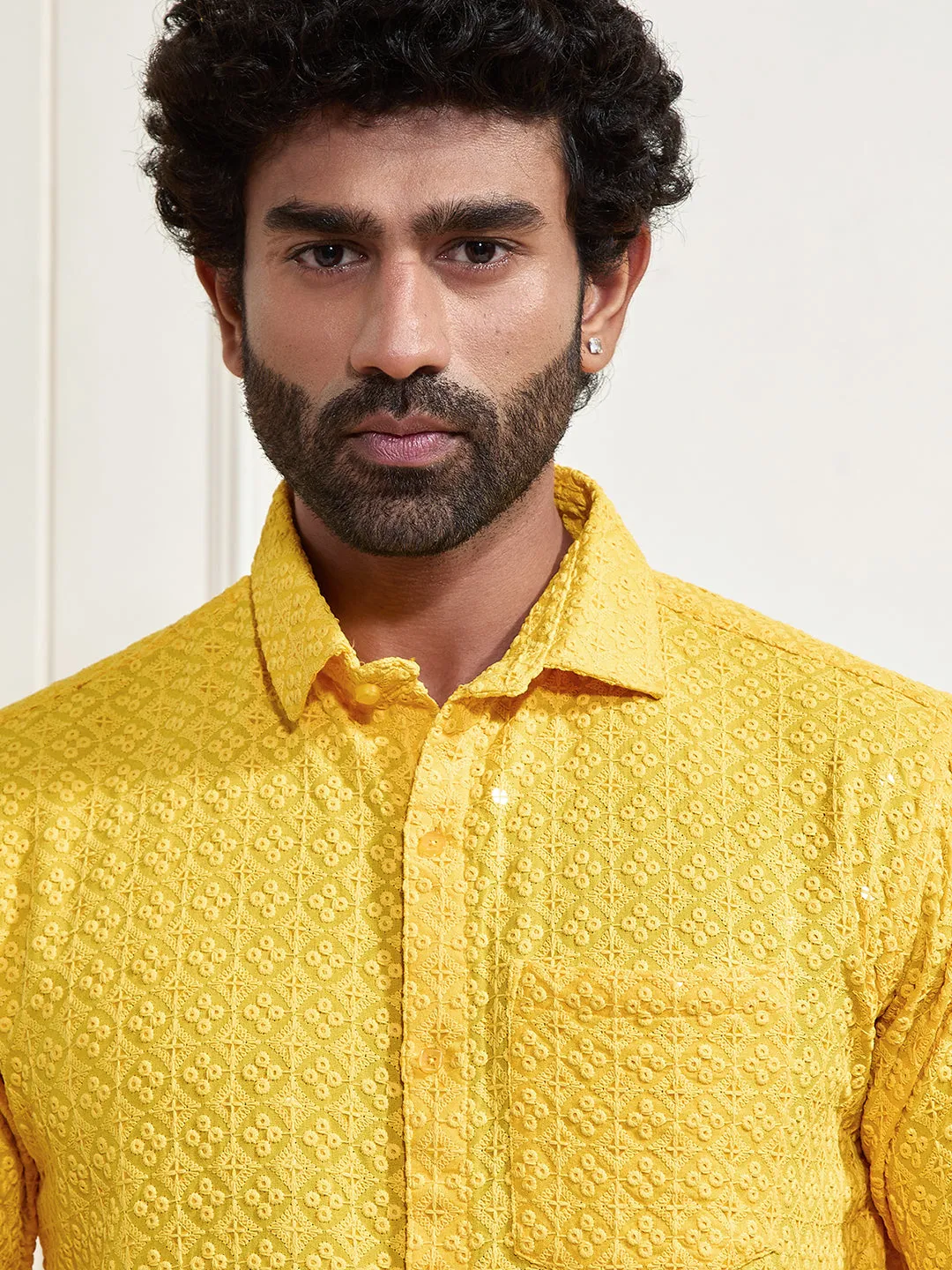 VASTRAMAY Men's Yellow Rayon Embellished Shirt