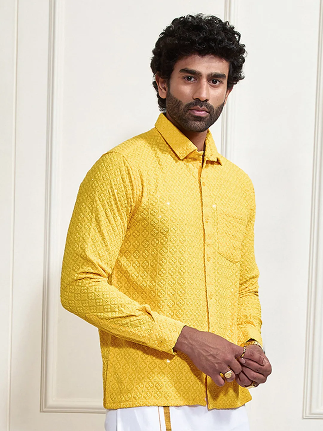 VASTRAMAY Men's Yellow Rayon Embellished Shirt