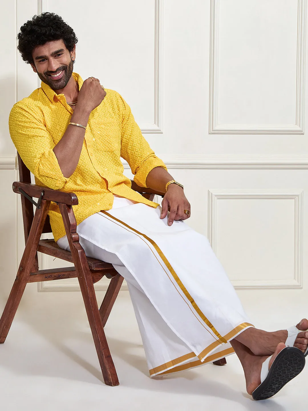 VASTRAMAY Men's Yellow Rayon Embellished Shirt