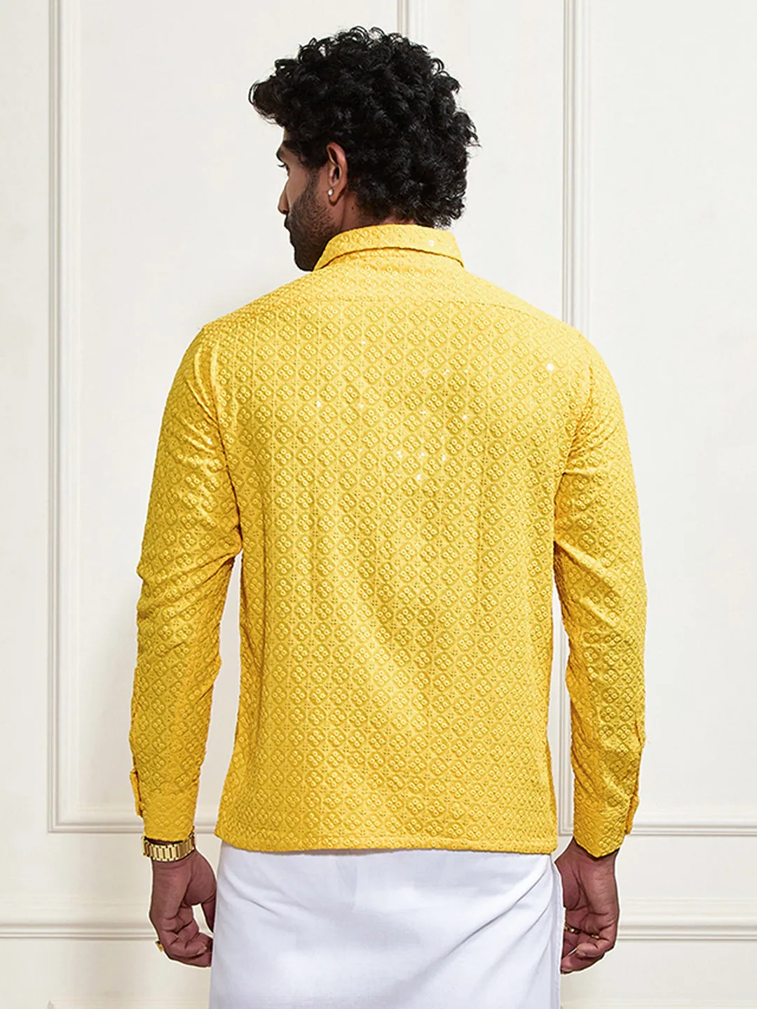 VASTRAMAY Men's Yellow Rayon Embellished Shirt