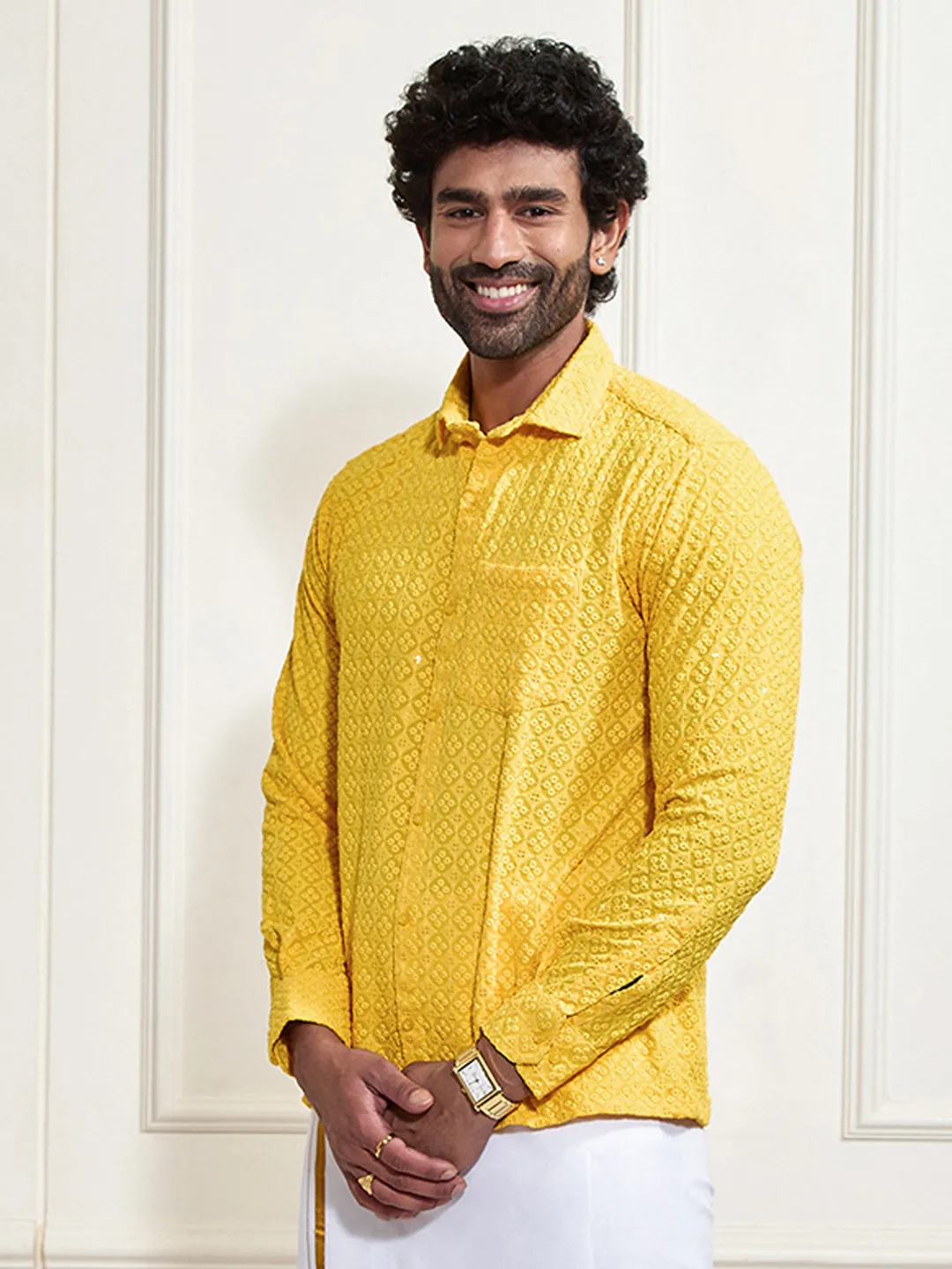 VASTRAMAY Men's Yellow Rayon Embellished Shirt