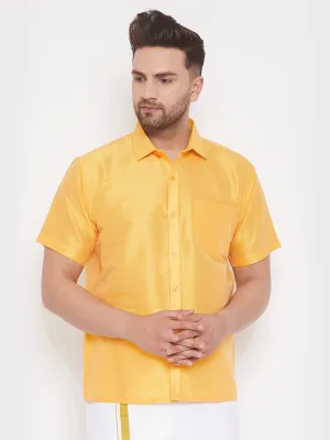 VASTRAMAY Men's Yellow Silk Blend Ethnic Shirt