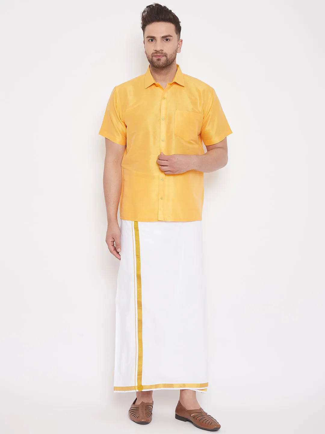 VASTRAMAY Men's Yellow Silk Blend Ethnic Shirt