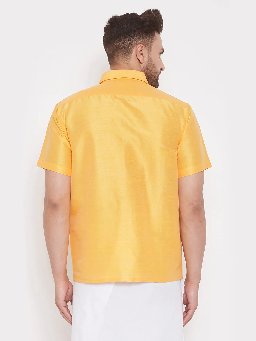 VASTRAMAY Men's Yellow Silk Blend Ethnic Shirt
