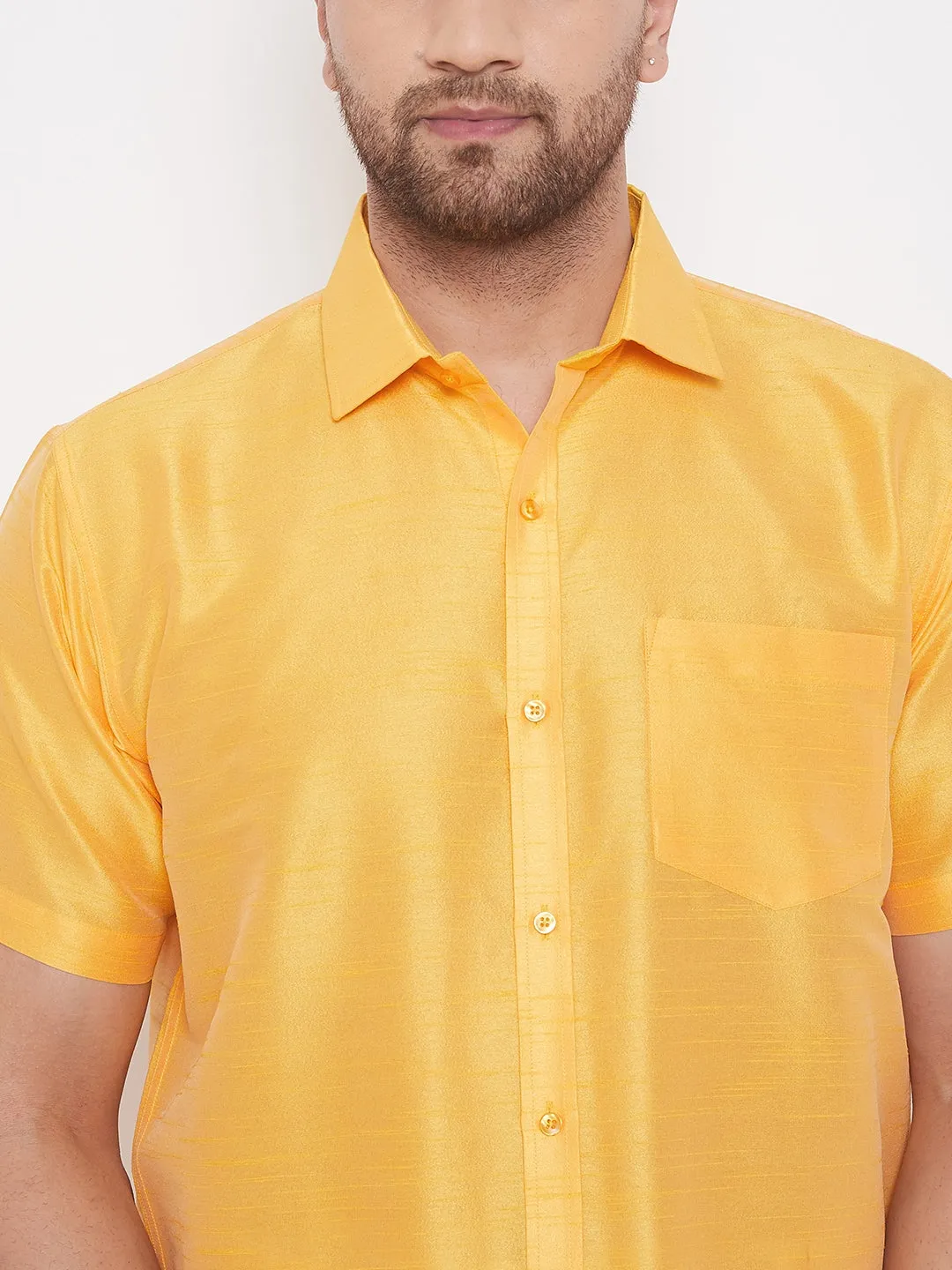 VASTRAMAY Men's Yellow Silk Blend Ethnic Shirt