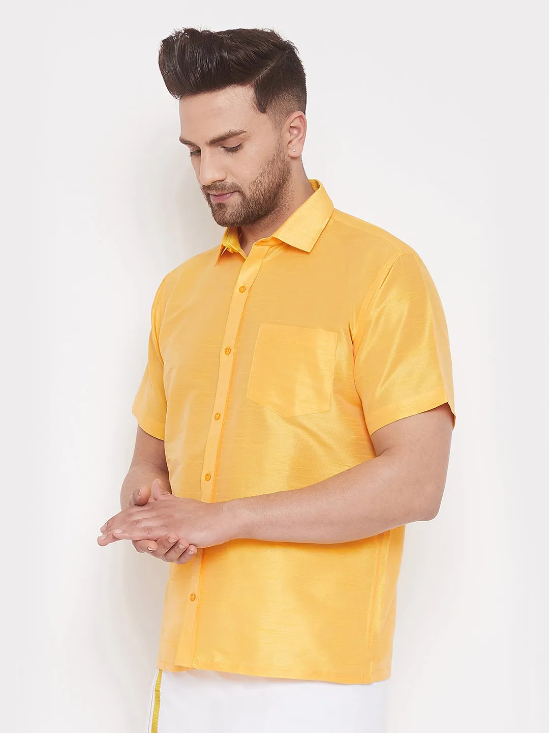 VASTRAMAY Men's Yellow Silk Blend Ethnic Shirt