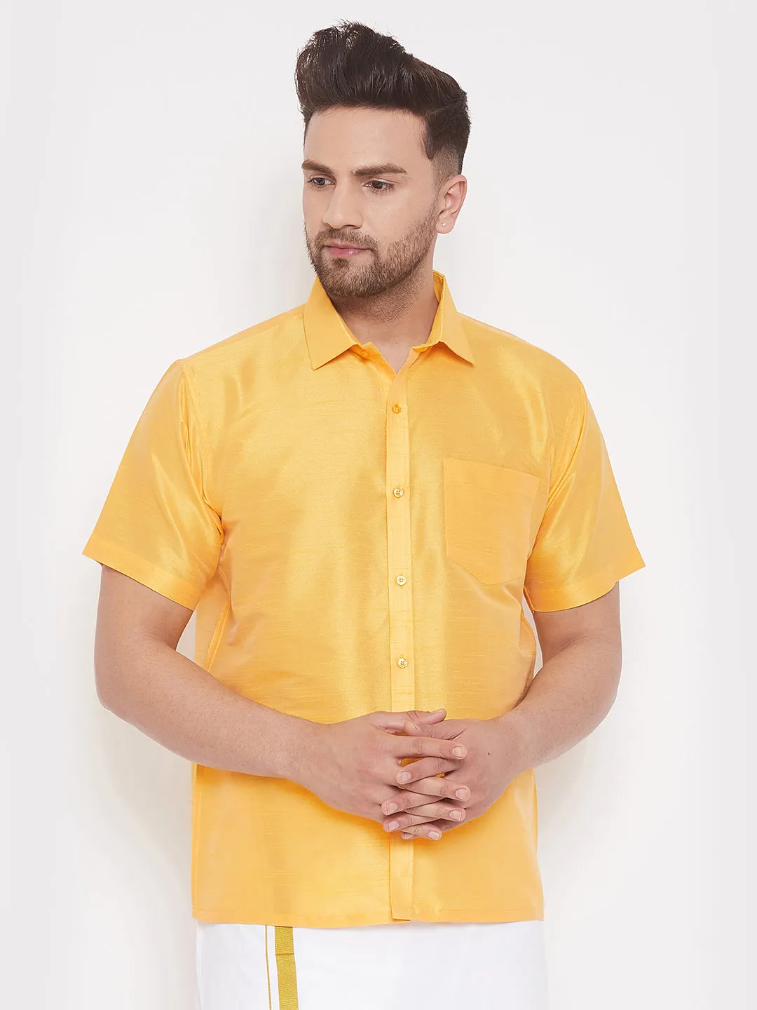 VASTRAMAY Men's Yellow Silk Blend Ethnic Shirt