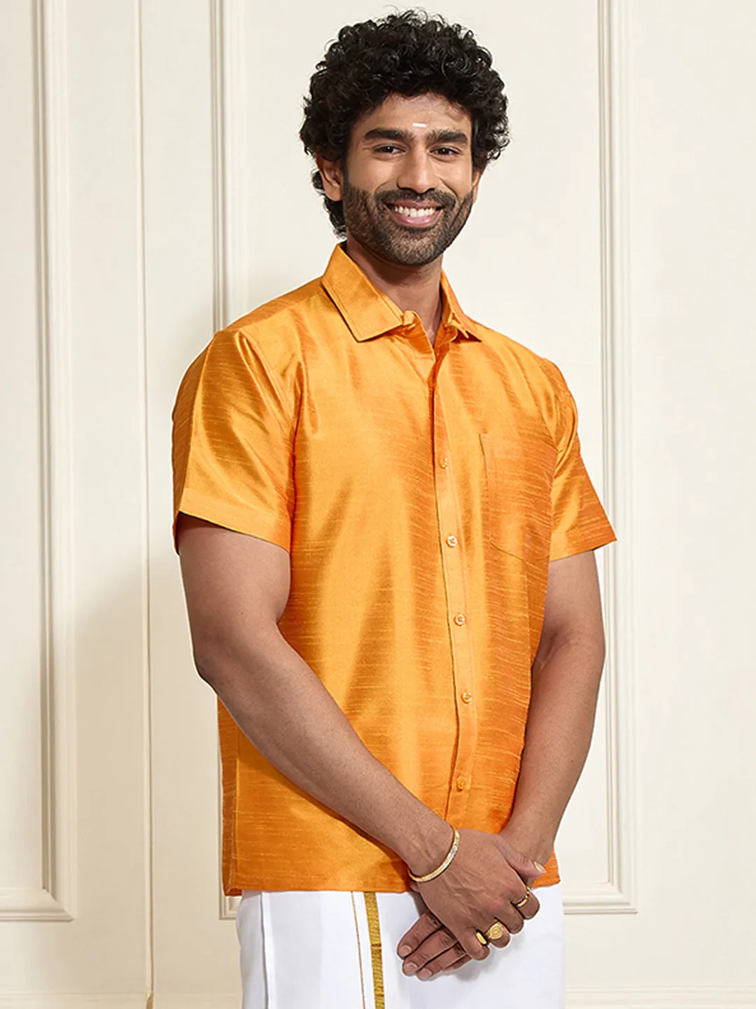 VM By VASTRAMAY Men's Orange Silk Blend Ethnic Shirt