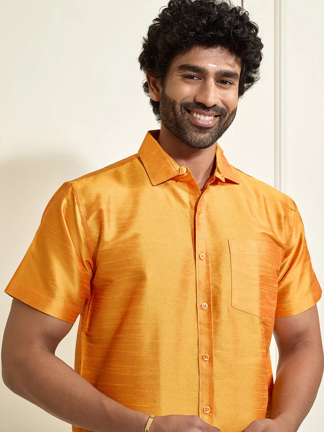 VM By VASTRAMAY Men's Orange Silk Blend Ethnic Shirt