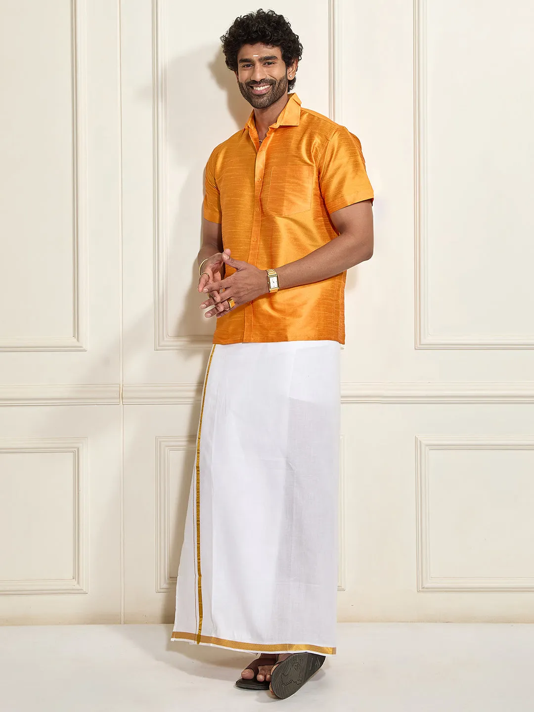 VM By VASTRAMAY Men's Orange Silk Blend Ethnic Shirt
