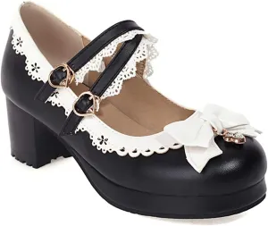 VOKLIN Women's Girls Lolita Mary Jane Shoes Sweet Bow Cross Ankle Strap Mid Heels Cosplay Oxford Dress Pumps