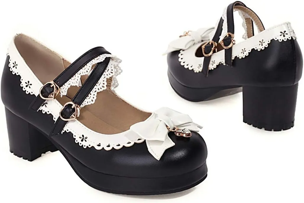 VOKLIN Women's Girls Lolita Mary Jane Shoes Sweet Bow Cross Ankle Strap Mid Heels Cosplay Oxford Dress Pumps