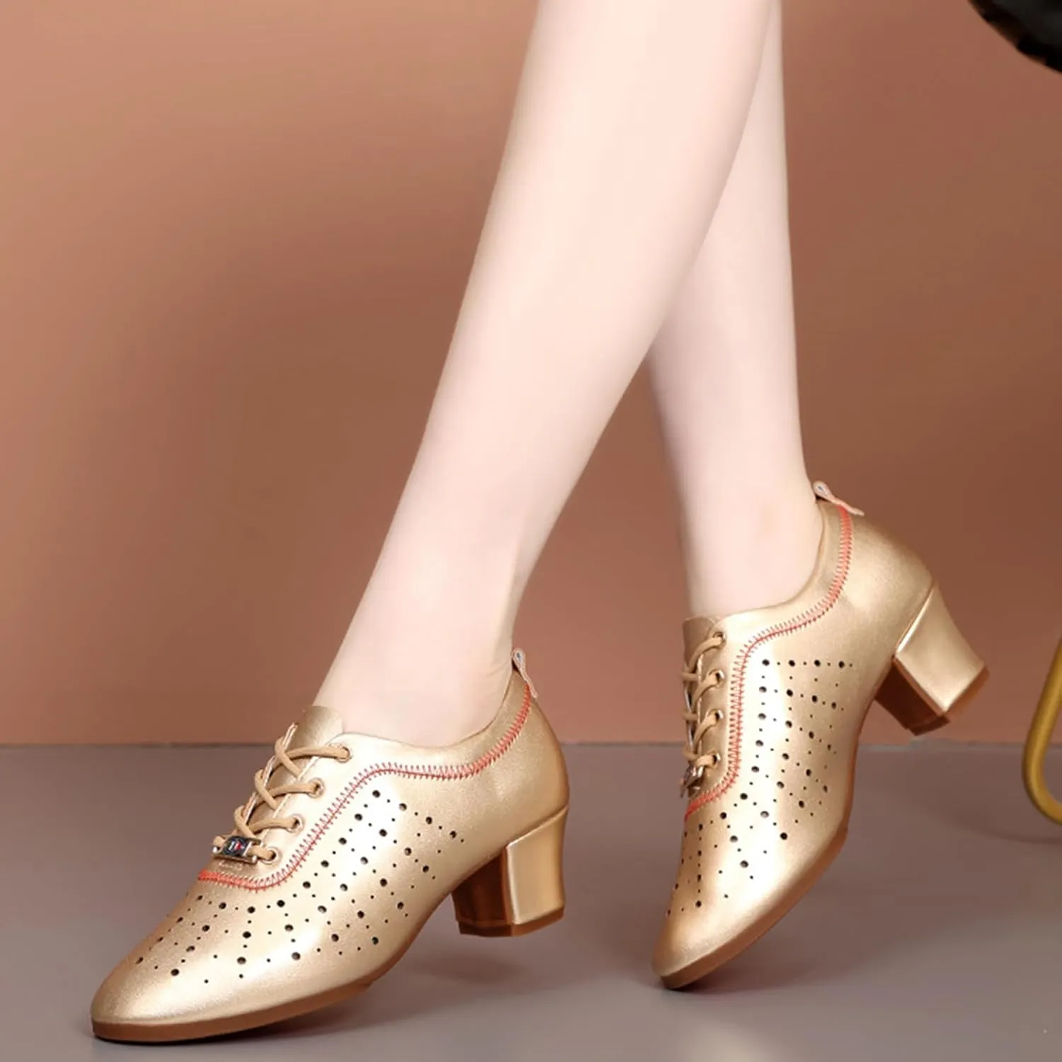 Womens Latin Ballroom Dance Shoes Non-Slip 3.5cm Heel Lace up Modern Dance Sneaker with Split Sole