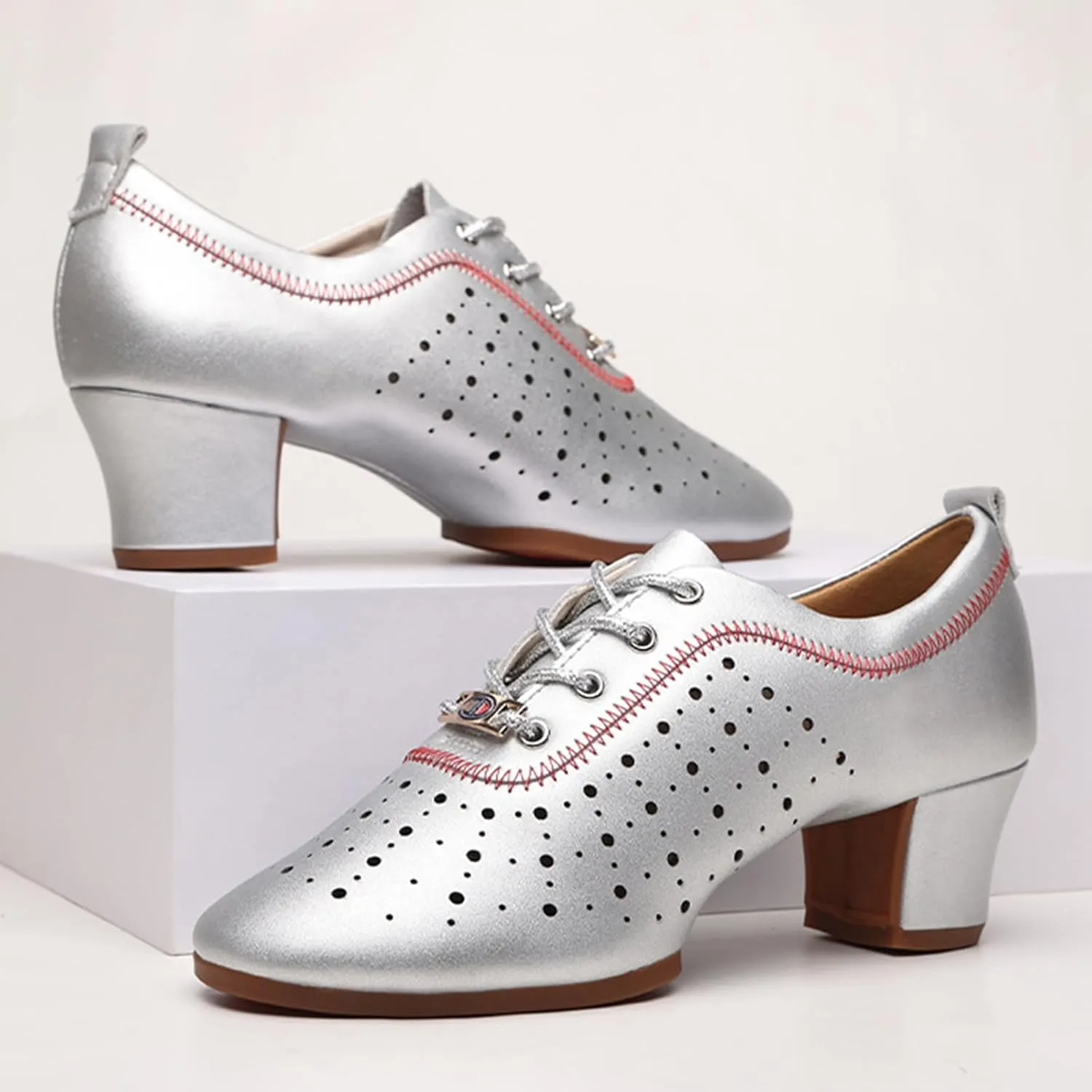 Women's Latin Dance Practice Shoes Ballroom Dance Shoes 3.5Cm Heel Straight Rubber Sole Lace-Up Modern Salsa Dance Shoes