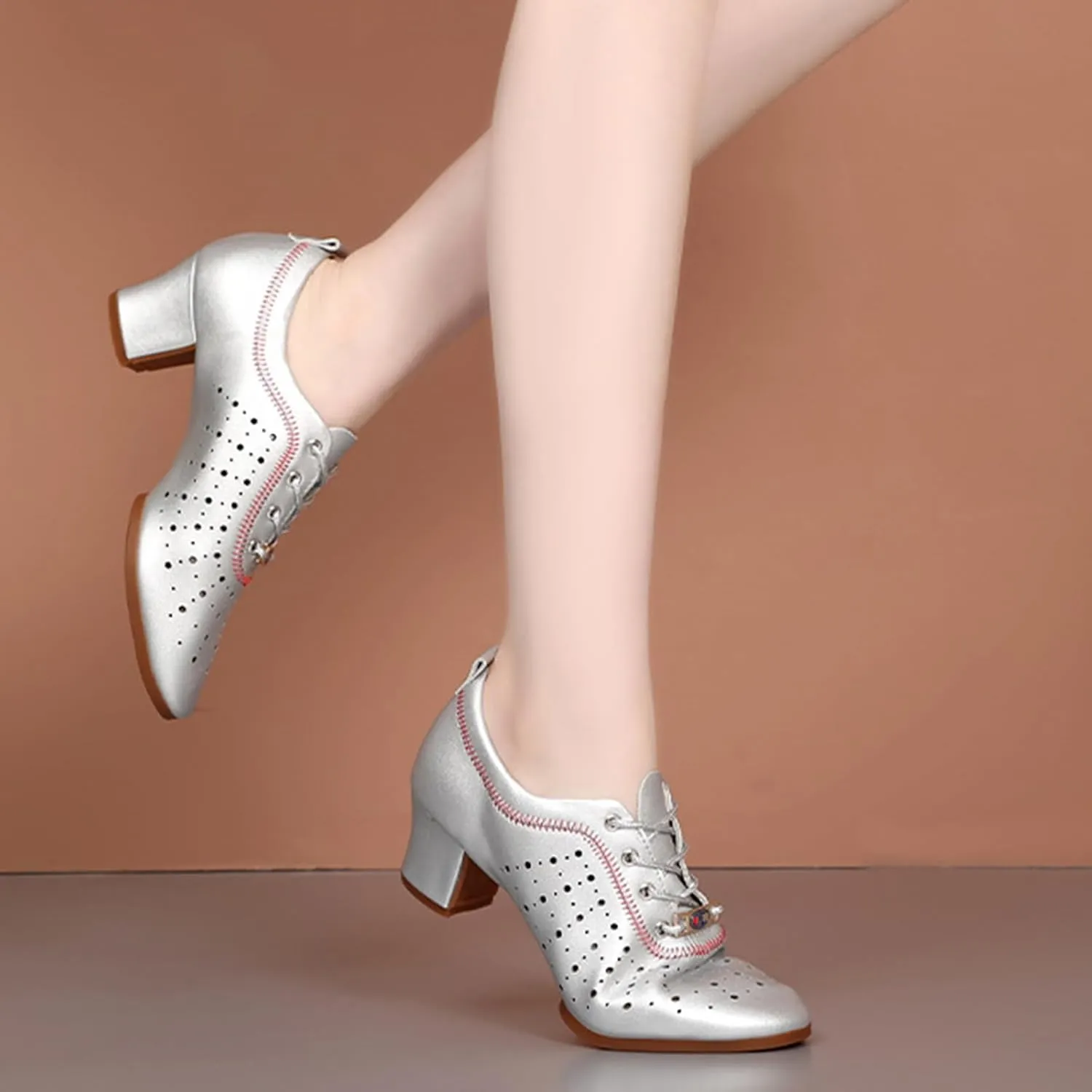Women's Latin Dance Practice Shoes Ballroom Dance Shoes 3.5Cm Heel Straight Rubber Sole Lace-Up Modern Salsa Dance Shoes