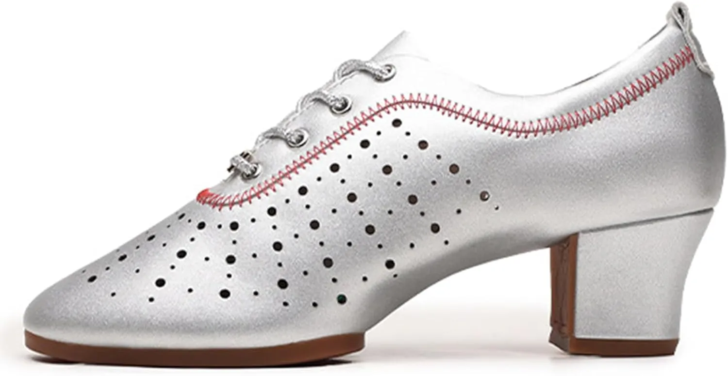 Women's Latin Dance Practice Shoes Ballroom Dance Shoes 3.5Cm Heel Straight Rubber Sole Lace-Up Modern Salsa Dance Shoes