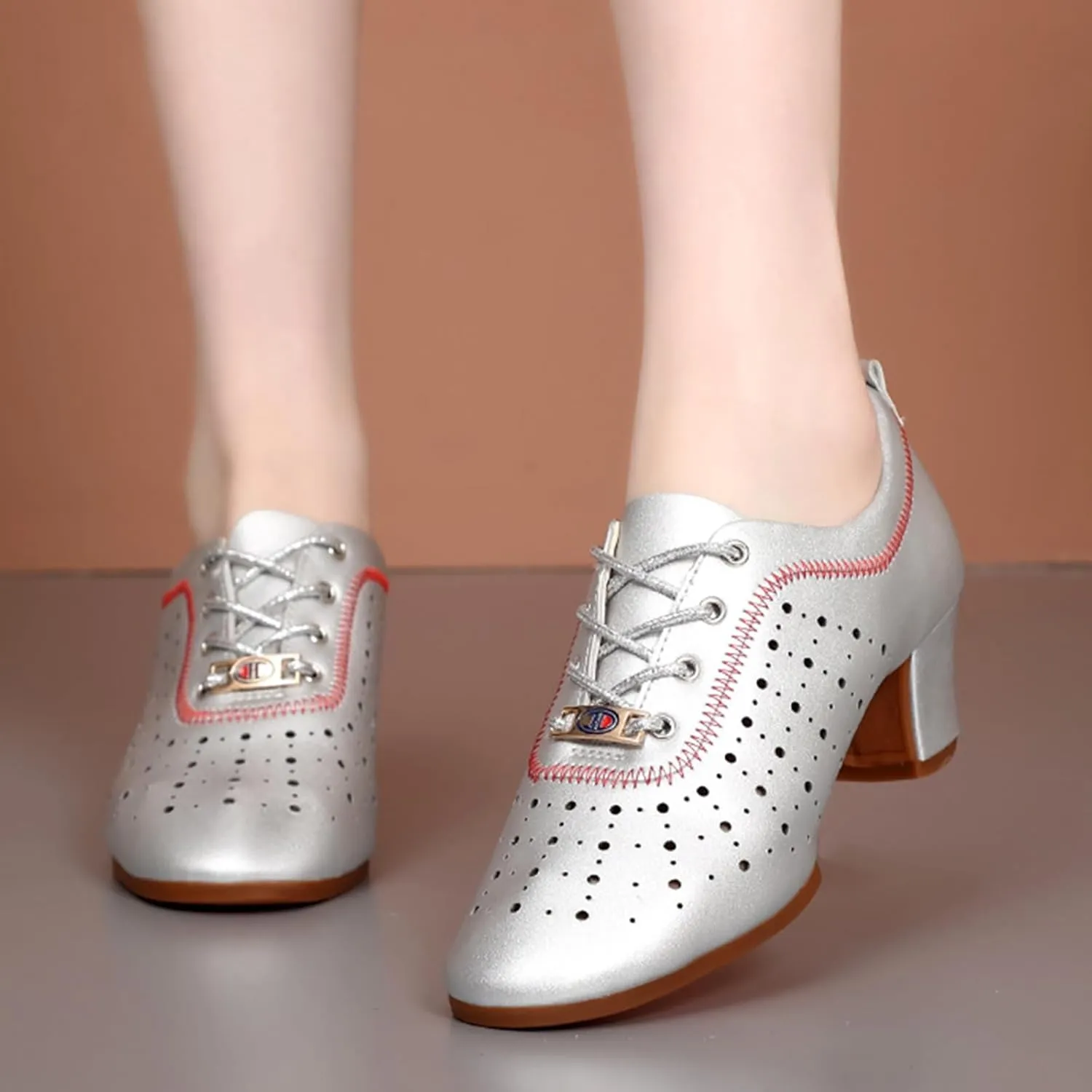 Women's Latin Dance Practice Shoes Ballroom Dance Shoes 3.5Cm Heel Straight Rubber Sole Lace-Up Modern Salsa Dance Shoes