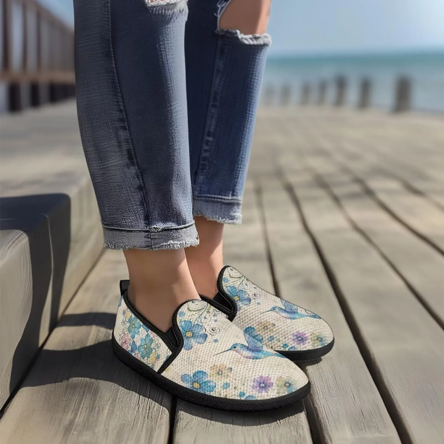 Women's Mesh Flats Shoes Casual Breathable Slip On Sneakers Non-Slip Low Top Outdoor Walking Loafers