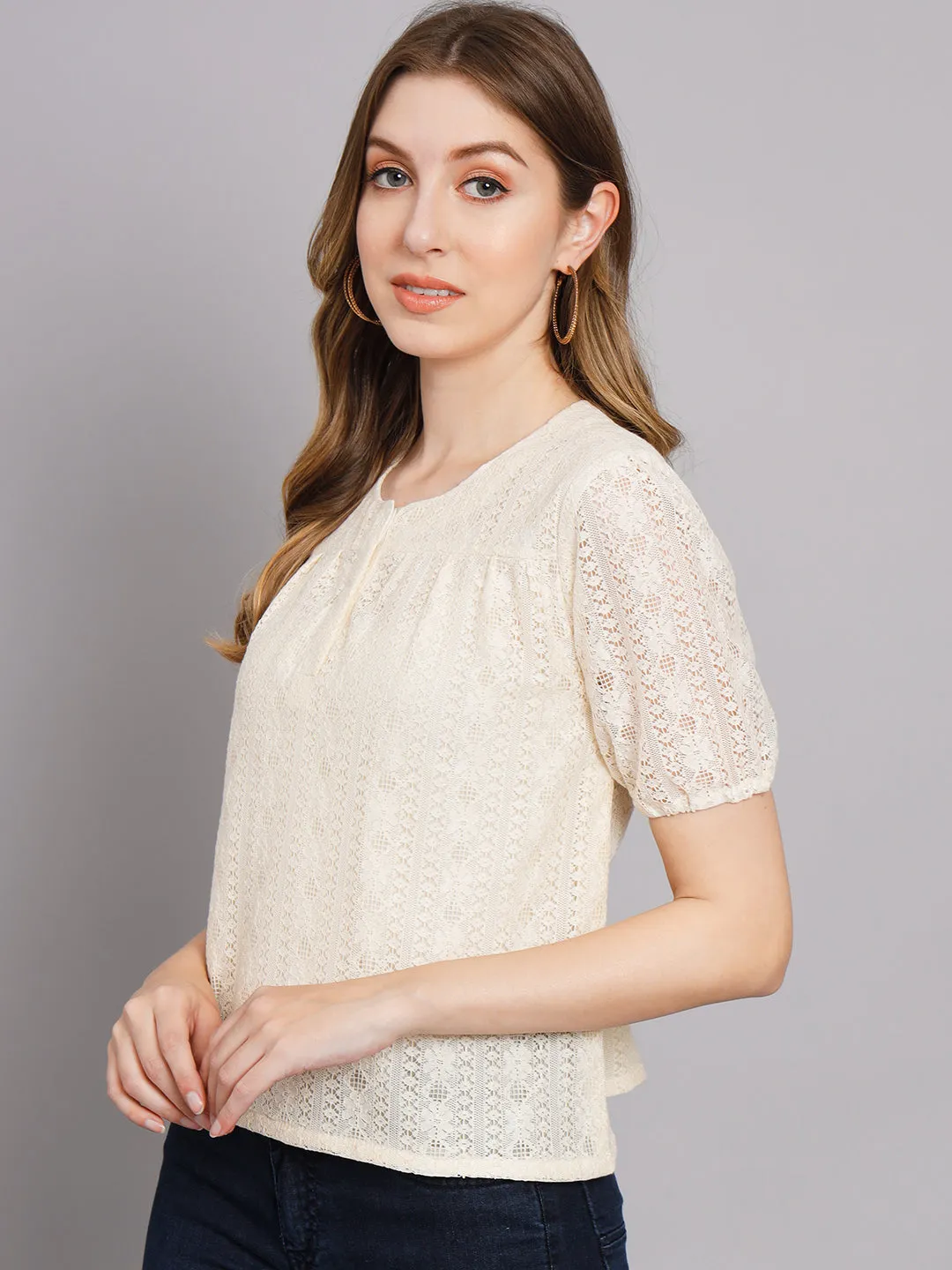Women's Off White Net Straight Top