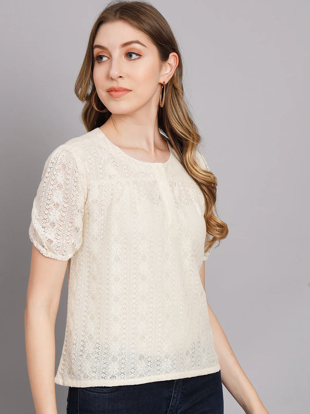 Women's Off White Net Straight Top