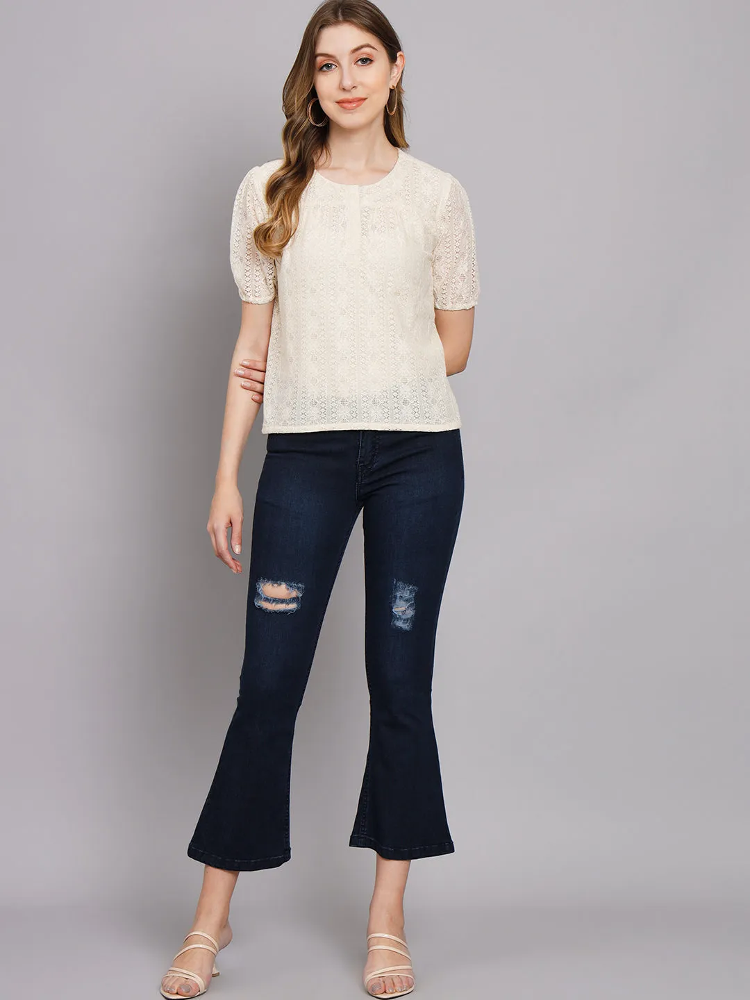 Women's Off White Net Straight Top