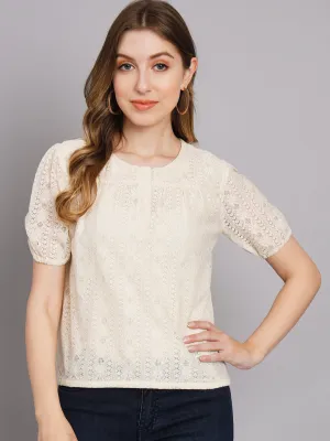 Women's Off White Net Straight Top