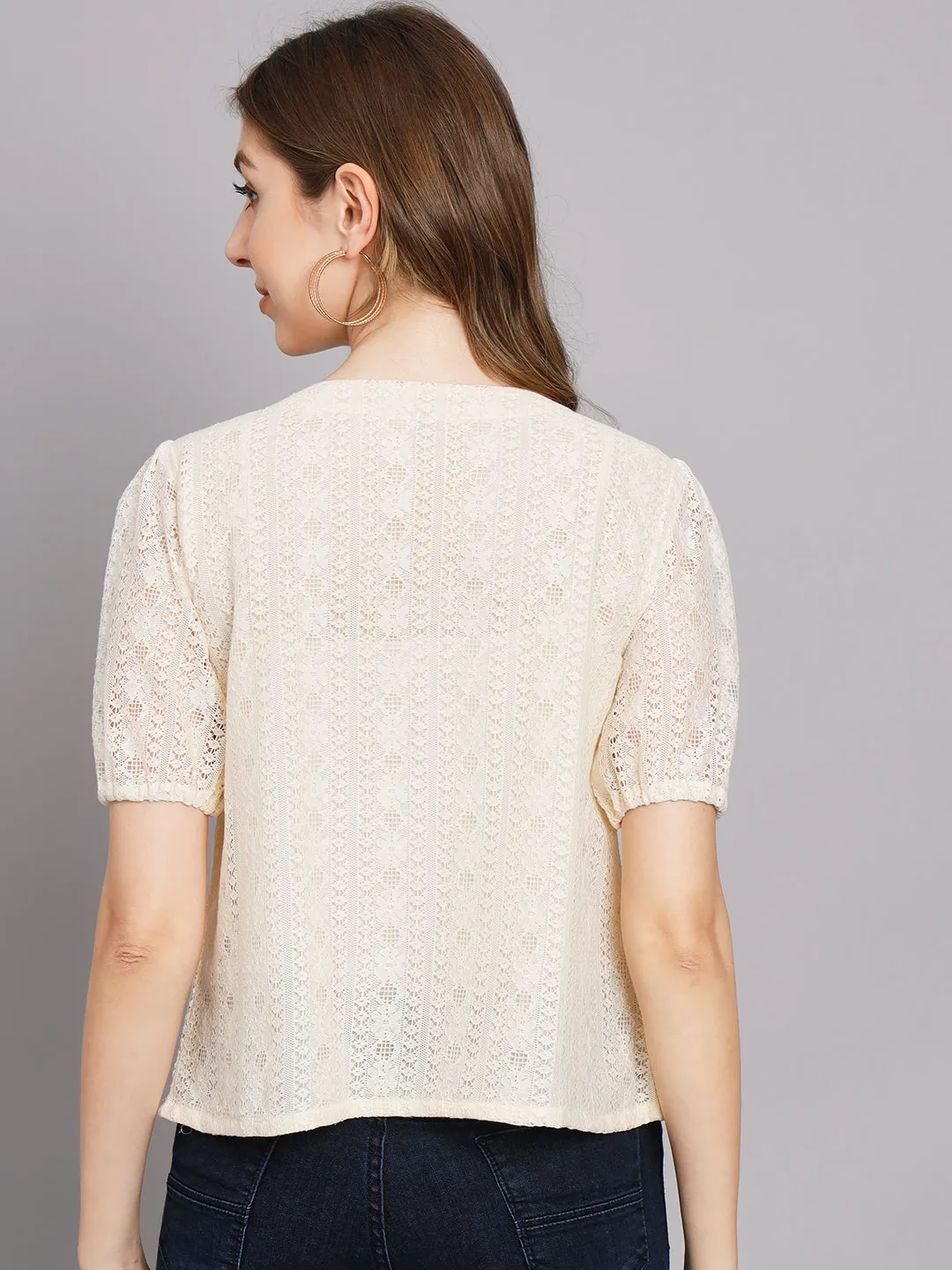 Women's Off White Net Straight Top