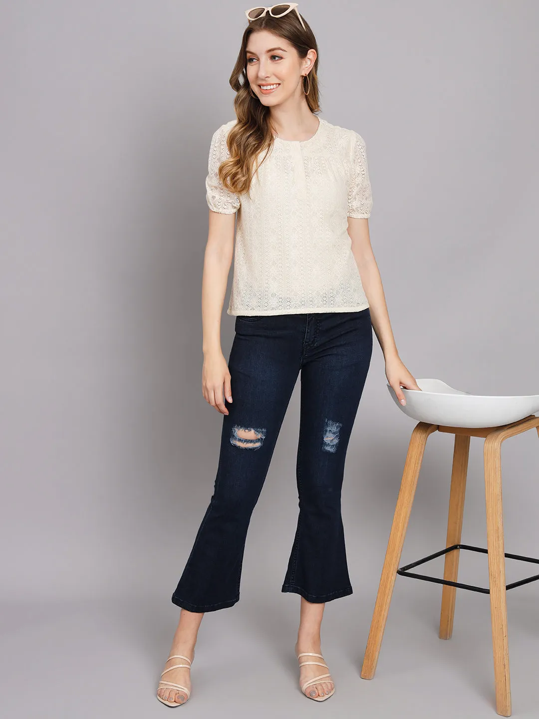 Women's Off White Net Straight Top