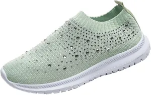 Womens Rhinestones Glitter Fashion Mesh Walking Shoe Breathable Slip-on Loafers Non-Slip Orthopedic Arch Support Sock Sneaker (Green,5.5,Women,5.5)