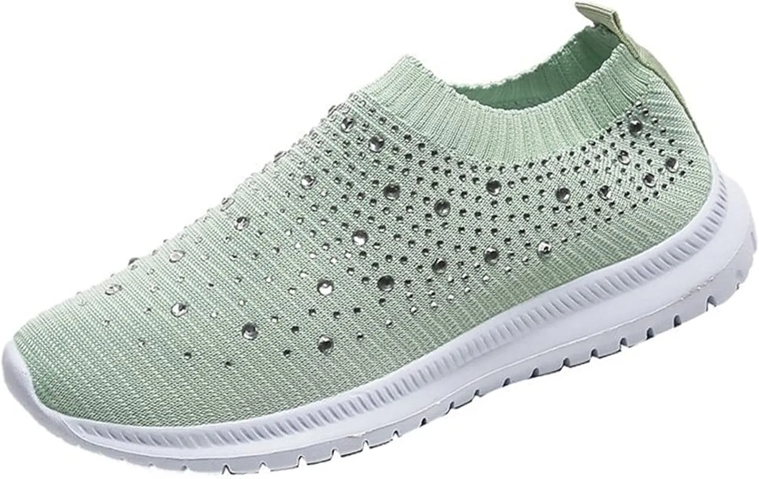 Womens Rhinestones Glitter Fashion Mesh Walking Shoe Breathable Slip-on Loafers Non-Slip Orthopedic Arch Support Sock Sneaker (Green,5.5,Women,5.5)